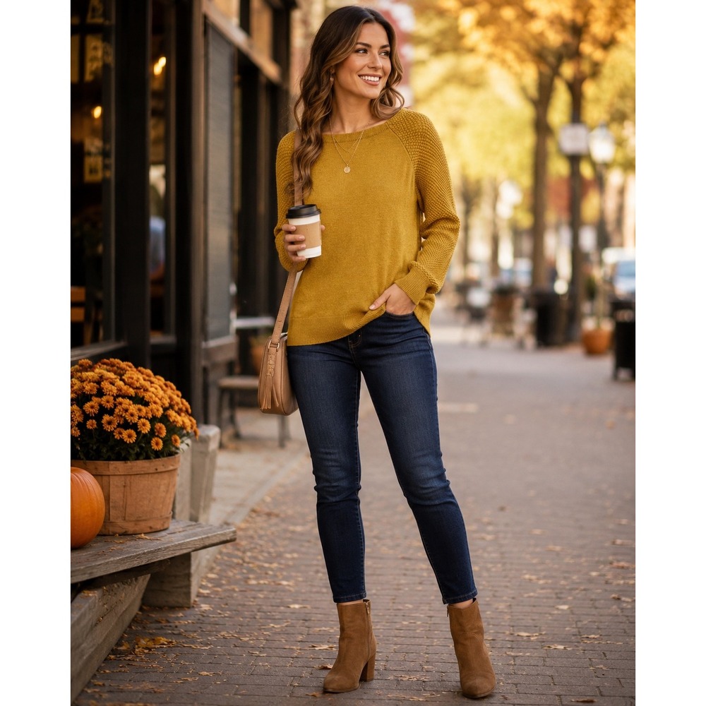 LOFT Sweater Women Large Mustard Textured Raglan Sleeve Fall Preppy Knit Top